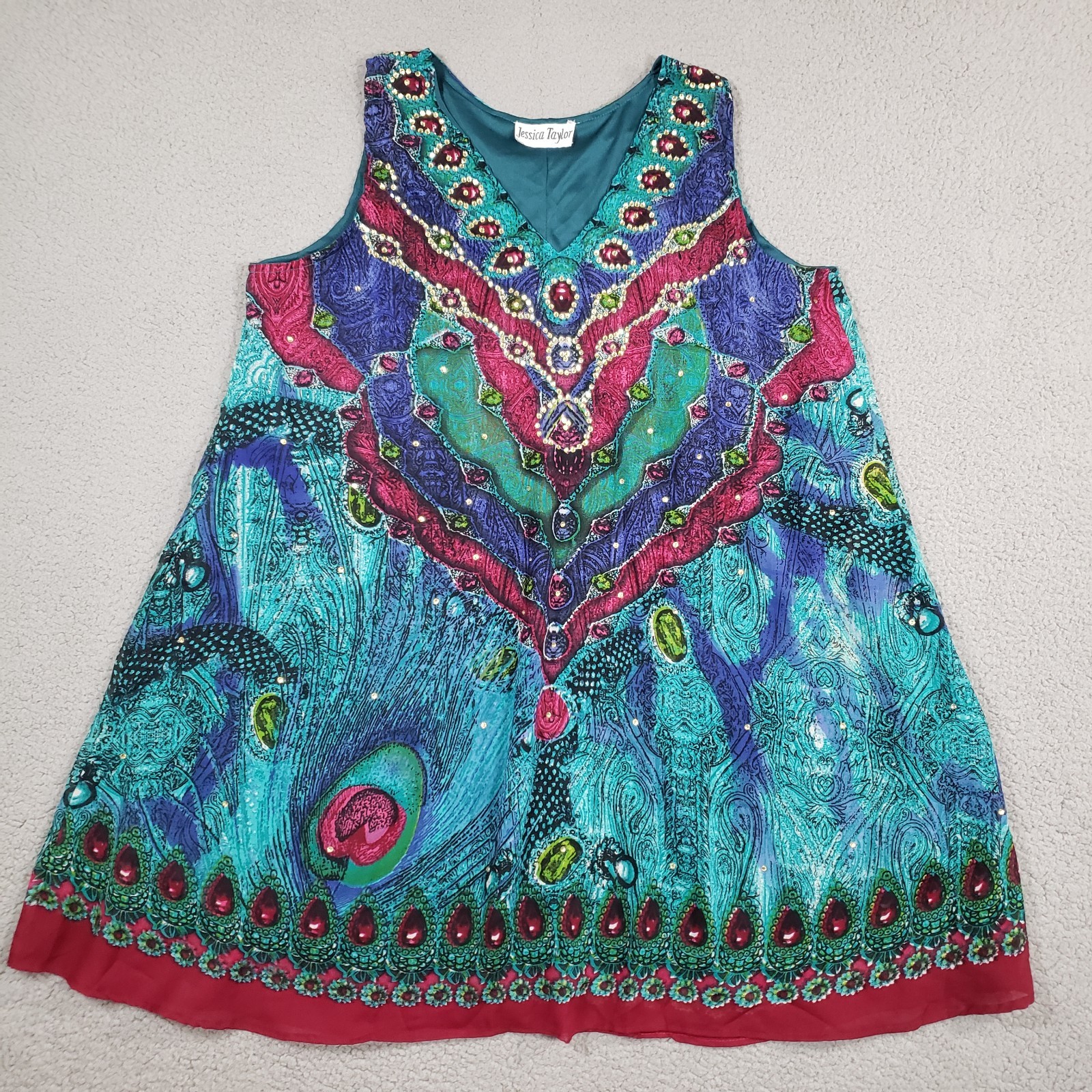 Jessica Taylor Peacock Print Dress One Size Green Embellished Vneck Lined Retro