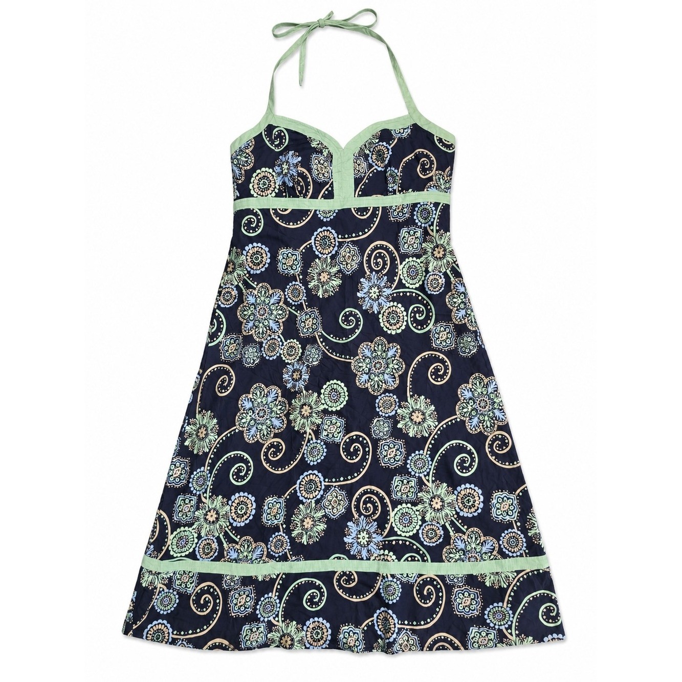 LOFT Y2K Navy Halter Floral Sundress with Mint Trim, Size 10