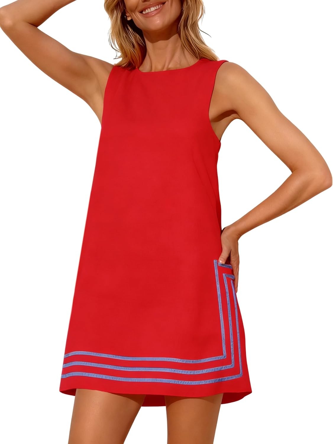 Womens Summer Boho A-Line Mini Dress Sleeveless Sundress Color Block Beach Cover
