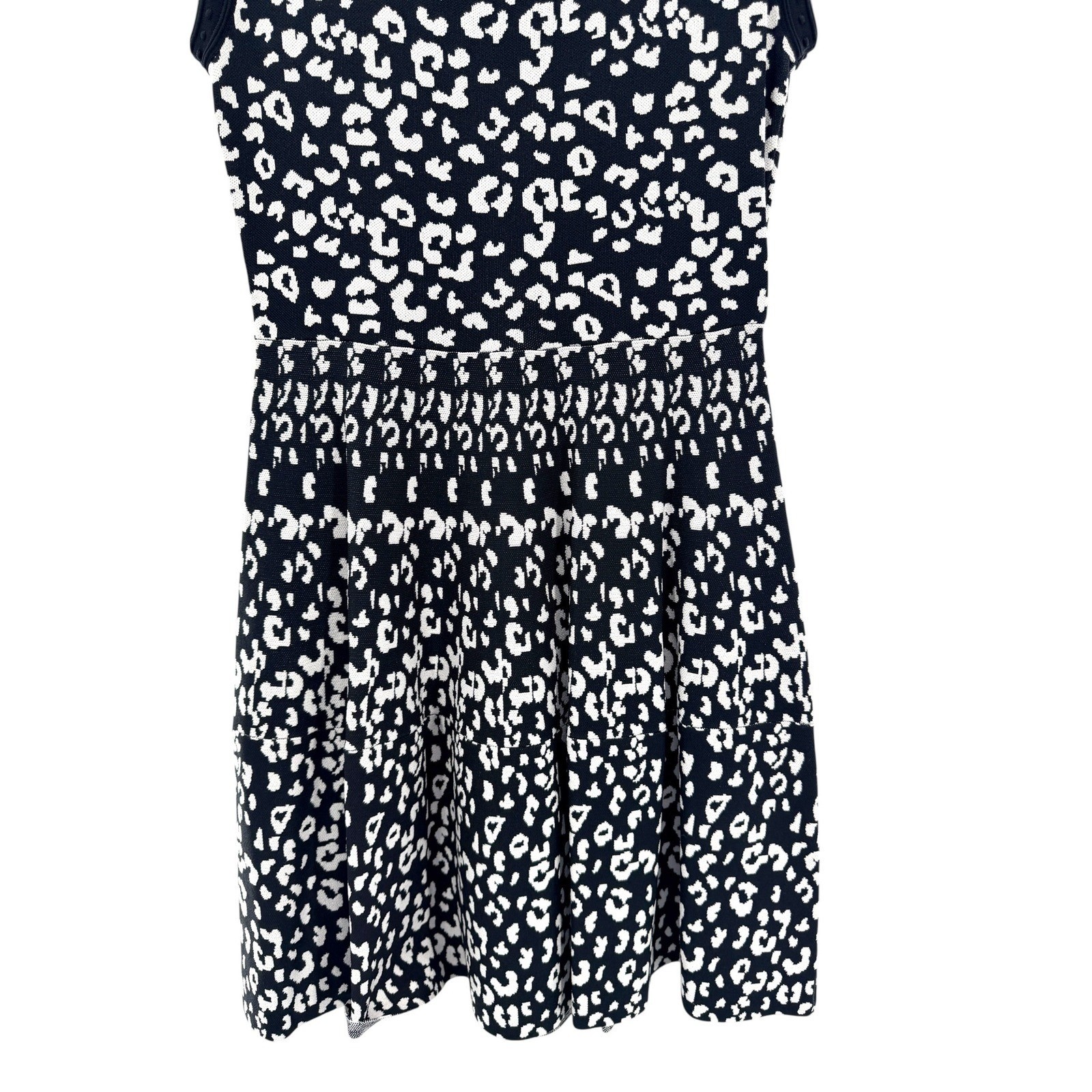 Rebecca Taylor Black White Leopard Print Knit Fit Flare Dress L Mod Work Preppy