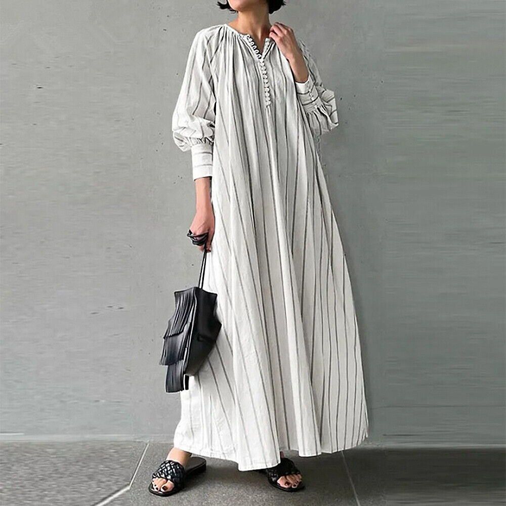 Spring Autumn Ladies Plus Size Women’s Casual Loose Long Sleeved Striped Dress