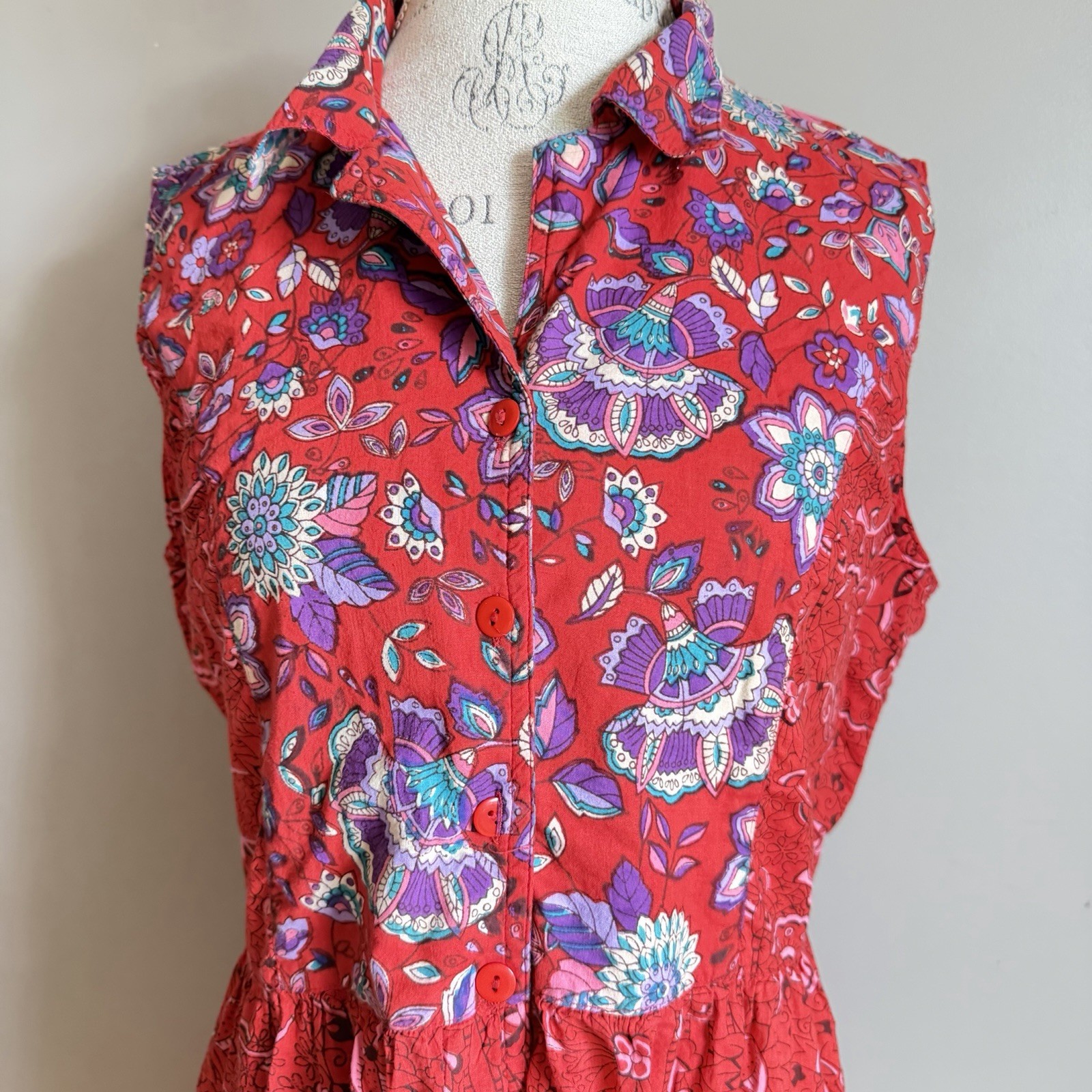 90s Red Floral Paisley Button Front Maxi Dress PL Peasant Boho Western Whimsy
