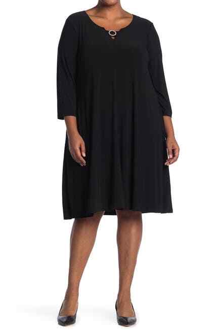 Nina Leonard Womens Size 1X Dress Pearl Trim 3/4 Length Sleeve Jewel neck
