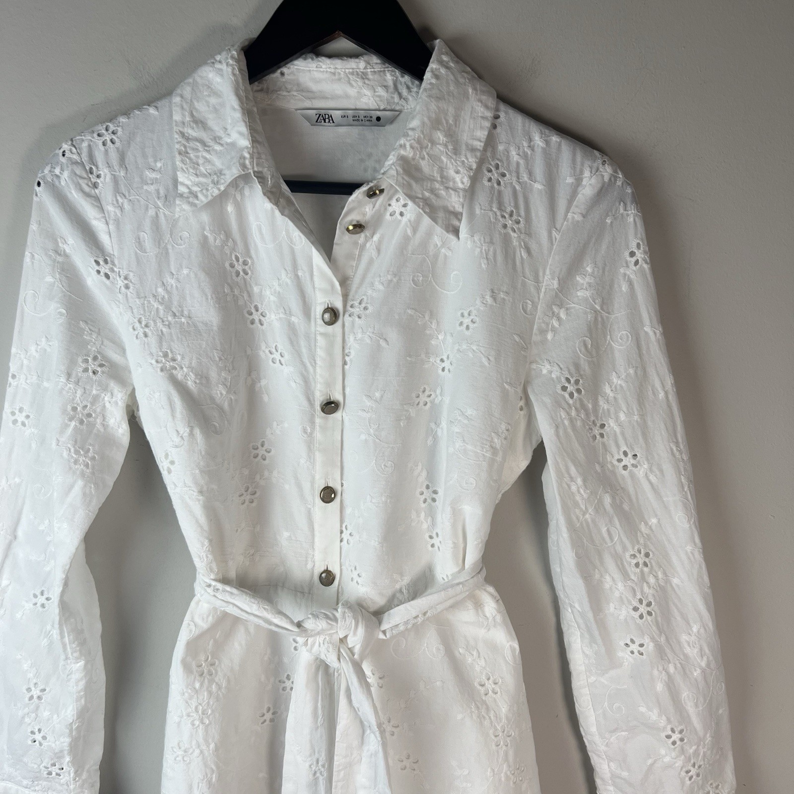 ZARA Openwork Eyelet Embroidered Short Belted Oyster White S Long Sleeve