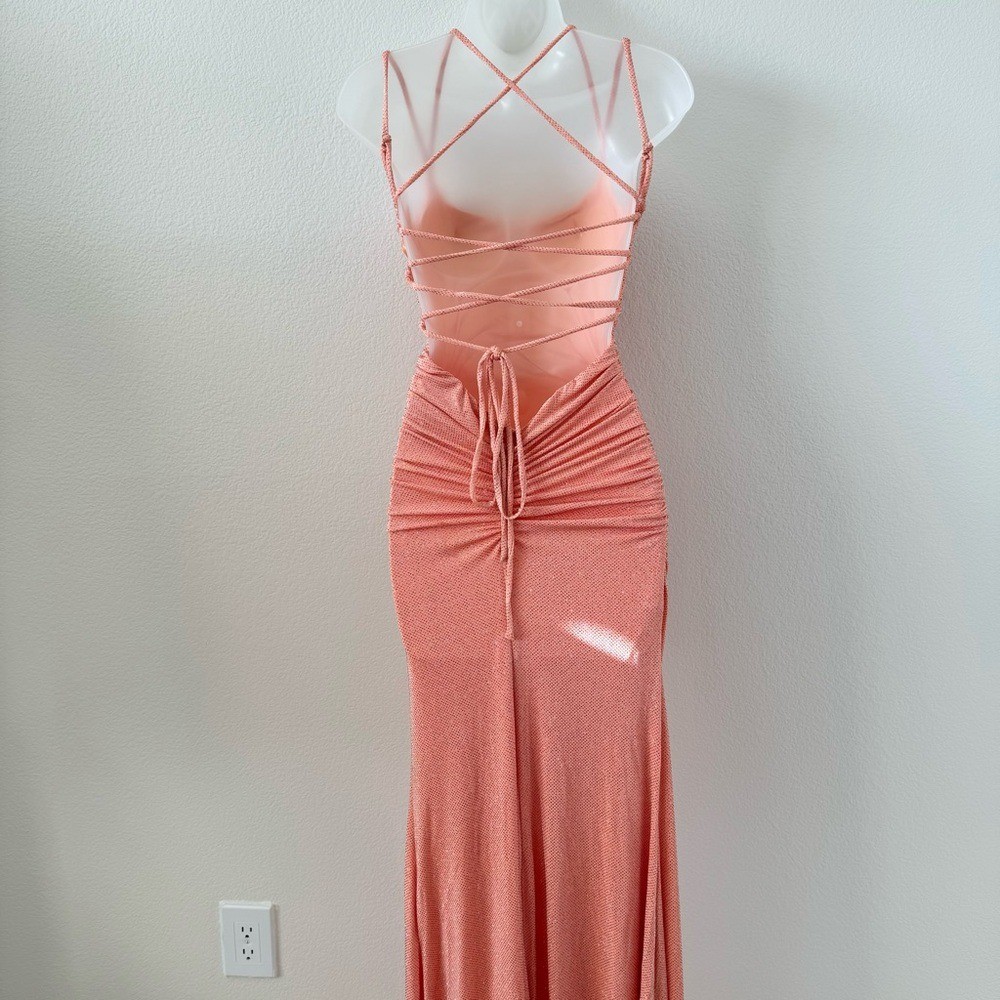 NWT Windsor Coral Orange Rylie Glitter Lace-Up Column Long Maxi Formal Dress