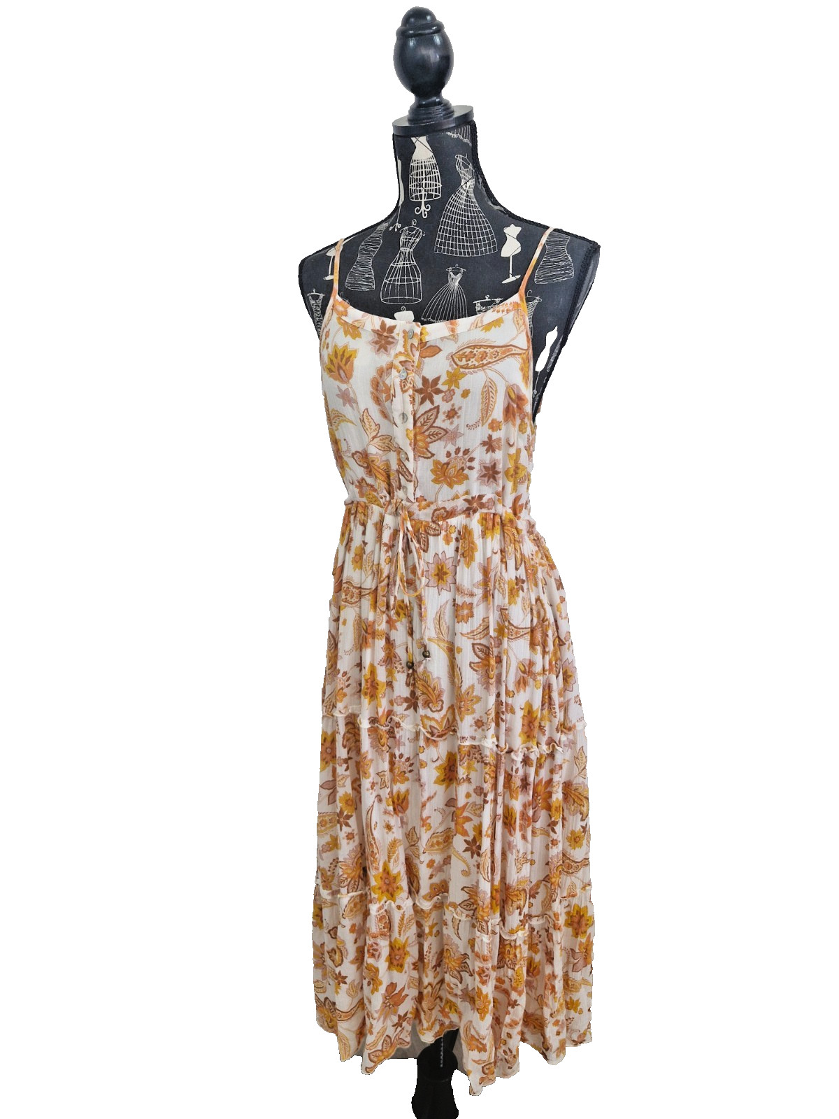 Ghanda Cotton Midi Dress Womens S White Orange Floral Button Tie Waist