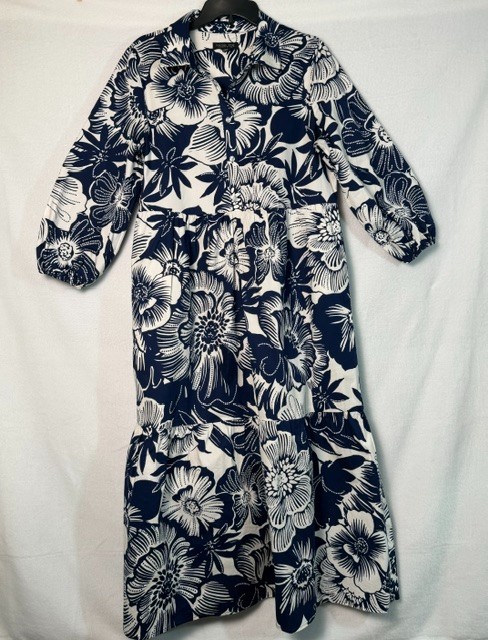 Rachel Zoe Floral Shirt Dress Women’s Size L Navy Blue White 3/4 Sleeve