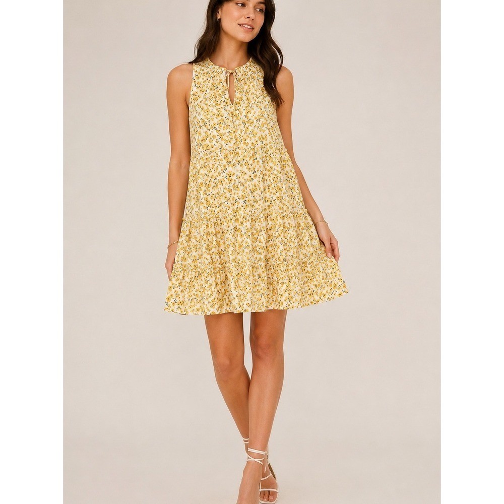Justify Yellow Floral Tiered Mini Dress Tie Neck Sleeveless Boho Cottagecore