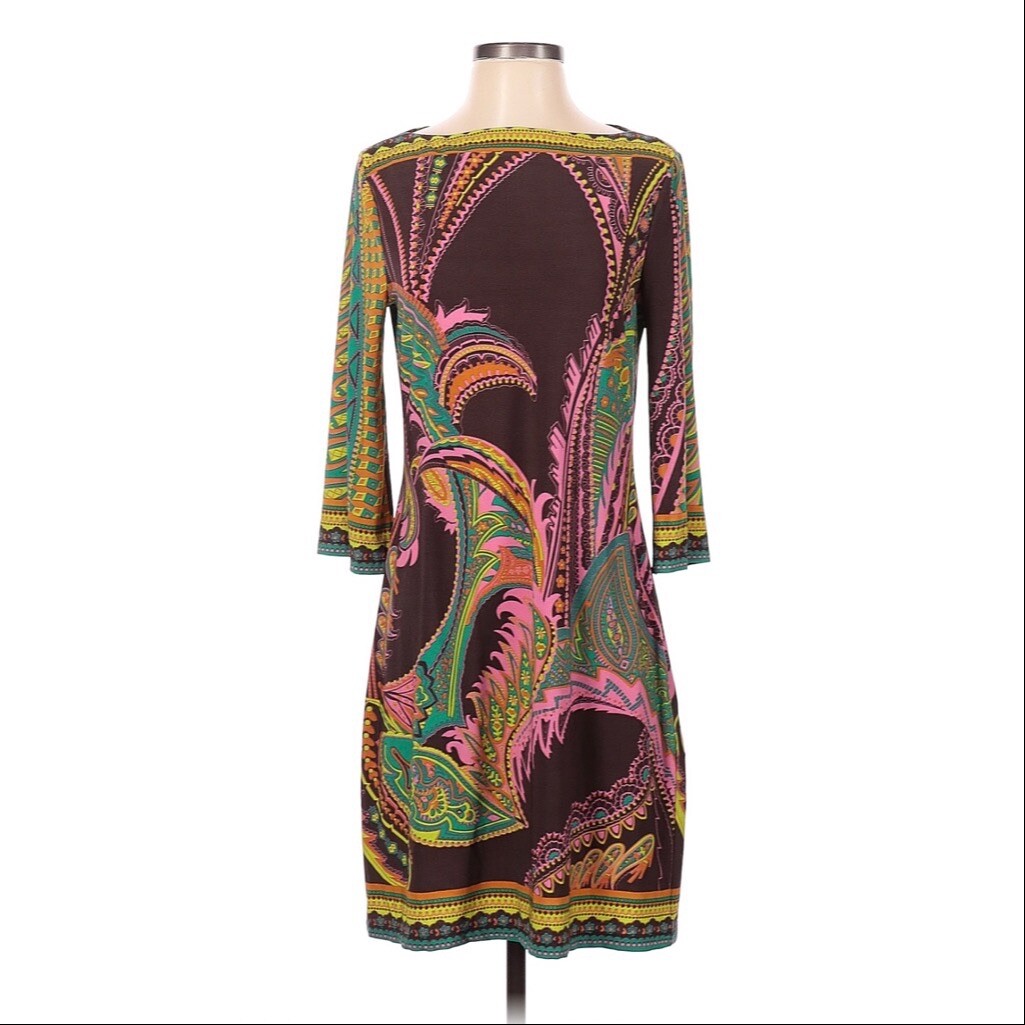 Beige by eci Dress Women’s Size 4 Pink Green Paisley Retro Shift Bell Sleeve