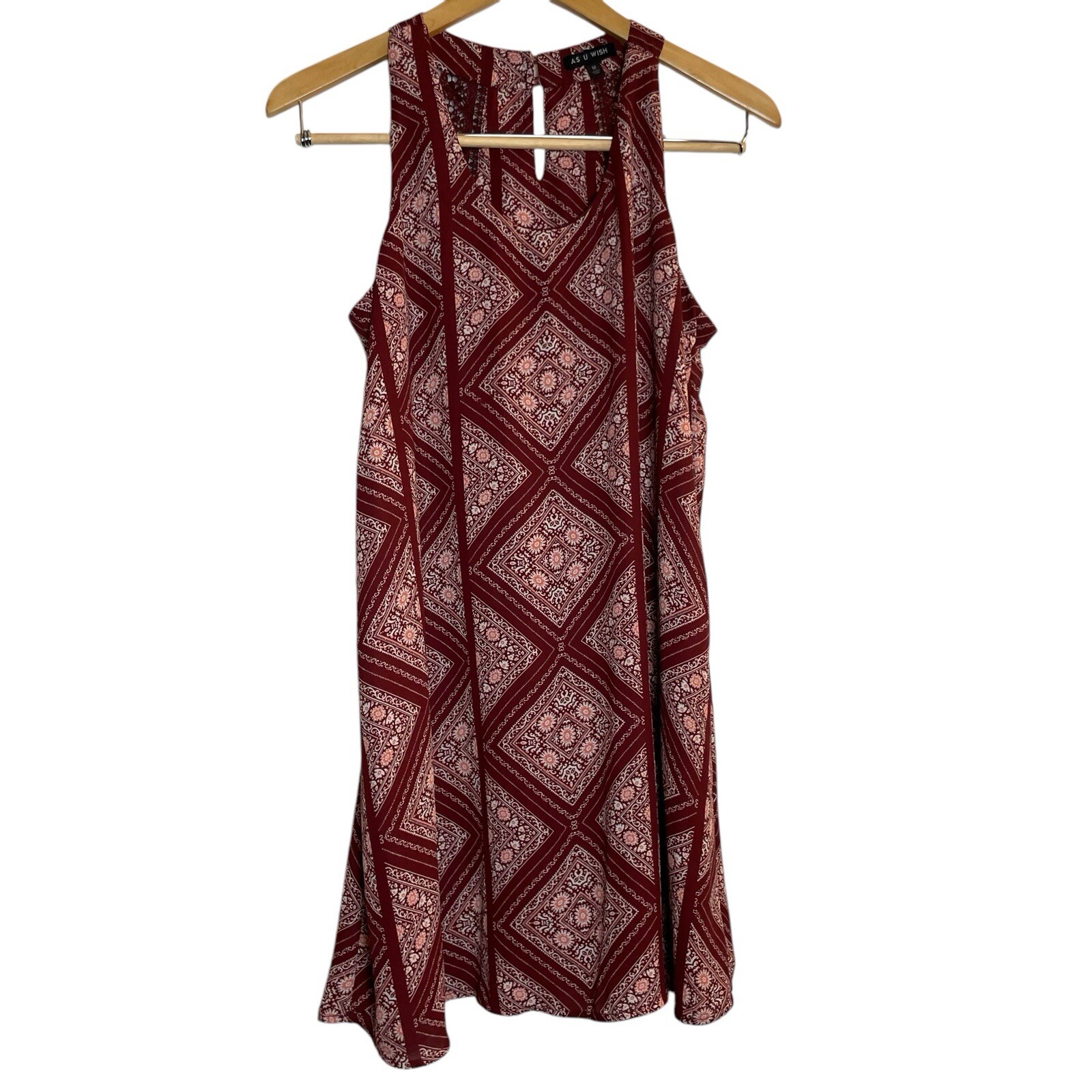 As U Wish Burgundy Boho Floral Tunic Dress Lace Keyhole Back Lined Medium Flowy