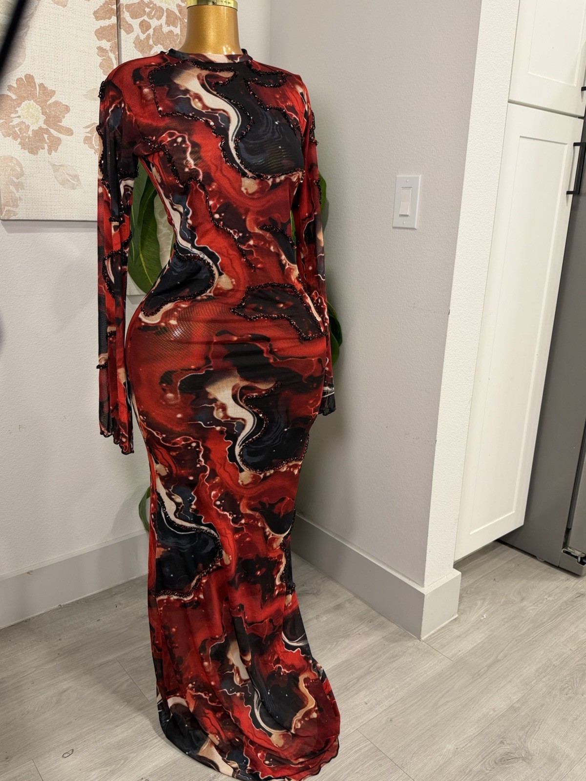 Women’s Mesh Sheer Stretch Beaded Bodycon Maxi Dress S Red/Black Abstract