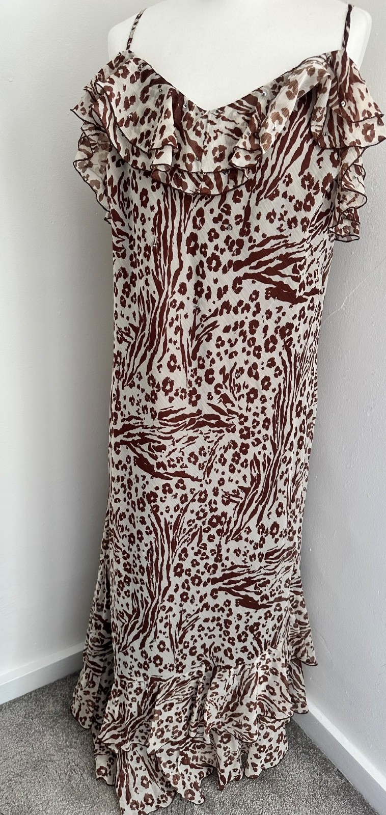 River Island UK 14 Animal Print Floaty Ruffle Strappy Maxi Dress Embellished