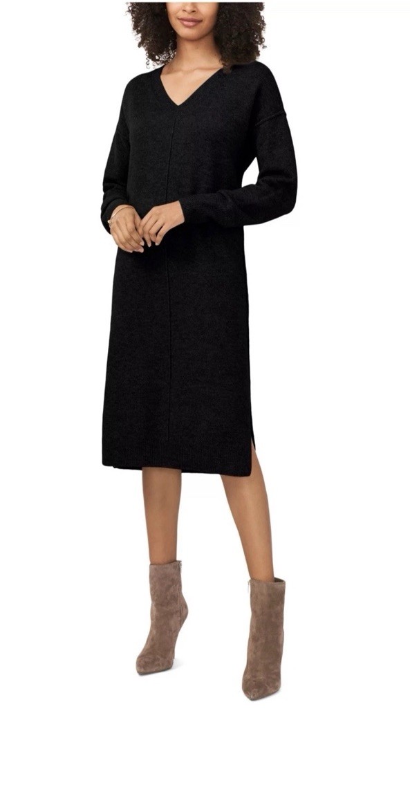 Vince Sz Med Camuto Black Knit V-Neck Long Sleeve Midi Sweater Dress Side Slit