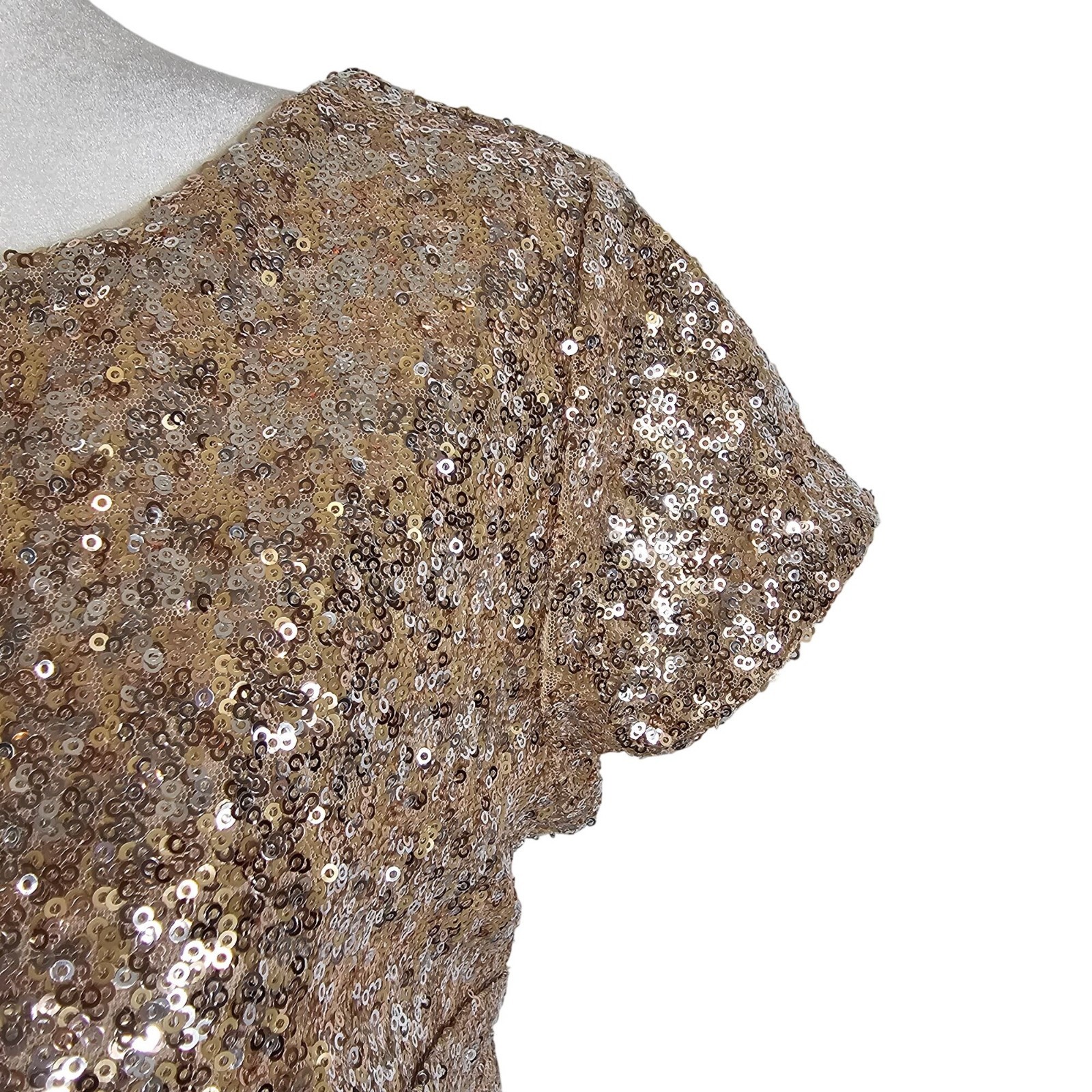 Party Glam Chic Gold Shimmer Sequin Sparkle Y2K T-Shirt Mini Dress Small Lined