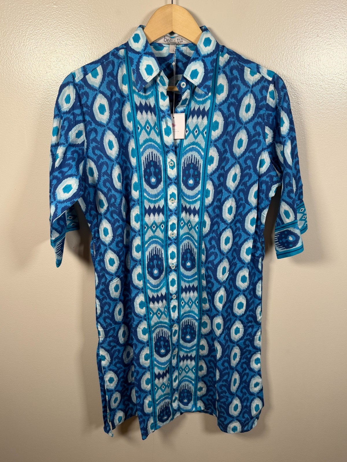 Bella Tu Shirt Dress Size Medium Blue 100% Cotton Ikat Medallion Vacation