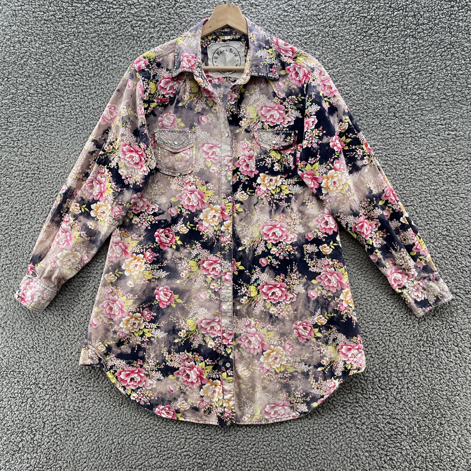 A Rare Bird Dress Small Pink Floral Rhinestone Western Pearl Snap Relax Mini