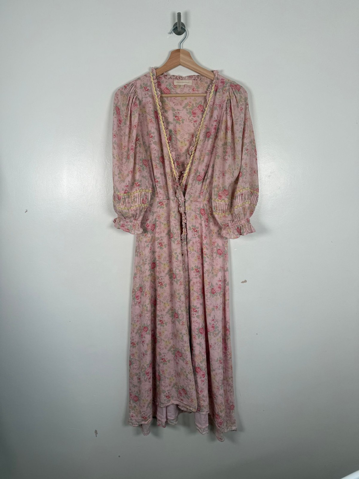 LoveShackFancy Dress Size 6 S/M Pink Floral Maxi Puff Sleeve Ruffle Prairie