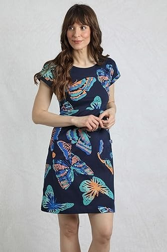 WEIRD FISH DARK BLUE BUTTERFLY PRINT TALLAHASSEE JERSEY DRESS SIZE 14 (REF 252)