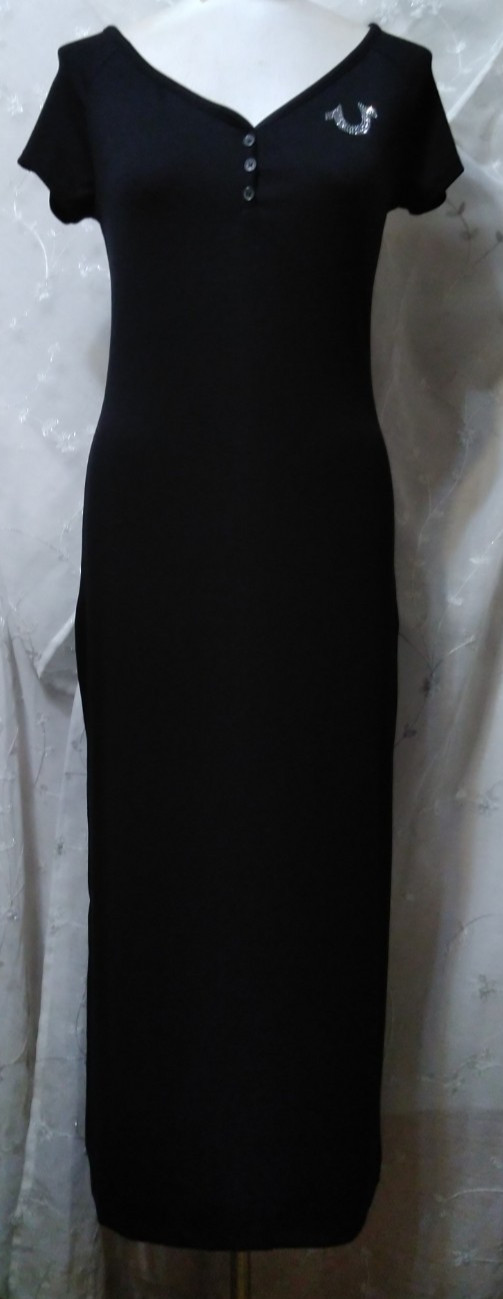 New TRUE RELIGION Medium Henley Ribbed Midi Dress Metallic Horseshoe Logo $139