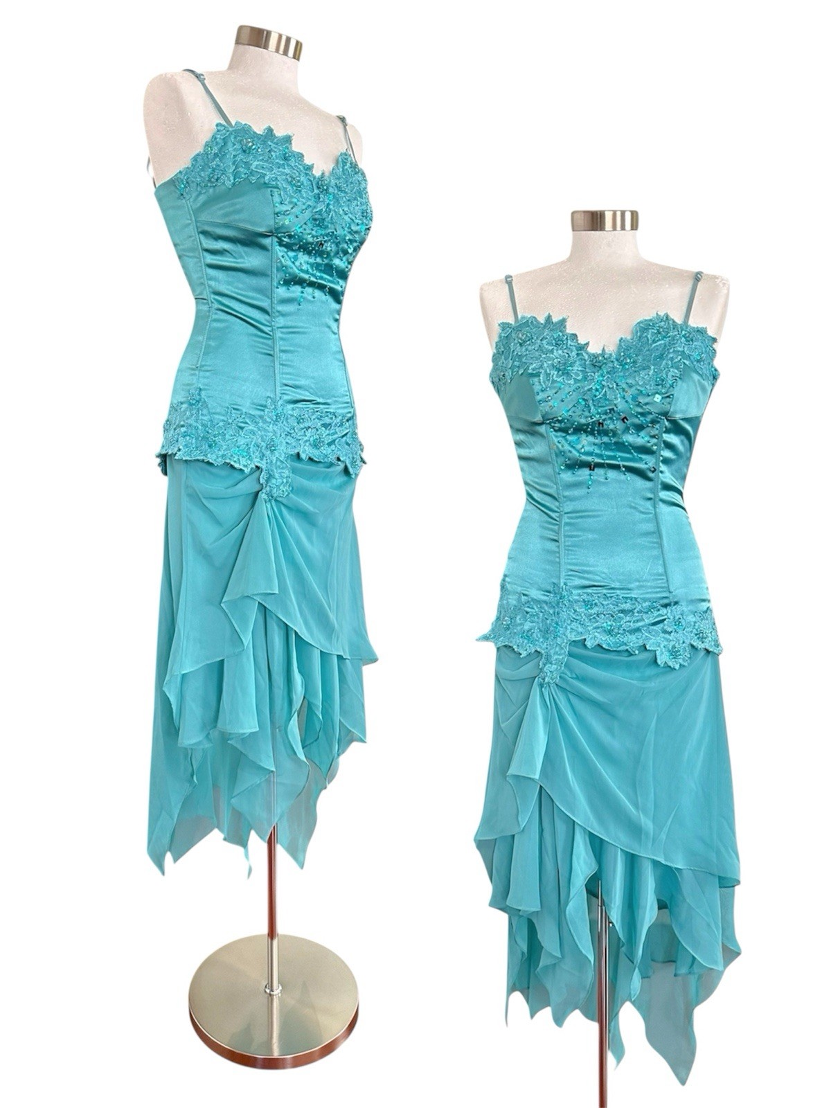 Vintage Y2K Formal Ruffled Fairy Mermaid Satin Blue Asymmetrical Beaded Dress XS