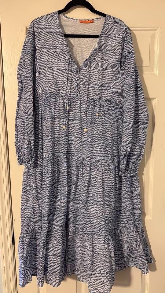 Oliphant Women’s Tiered Maxi Dress Blue White Stripes Tassels Size M Lined Boho