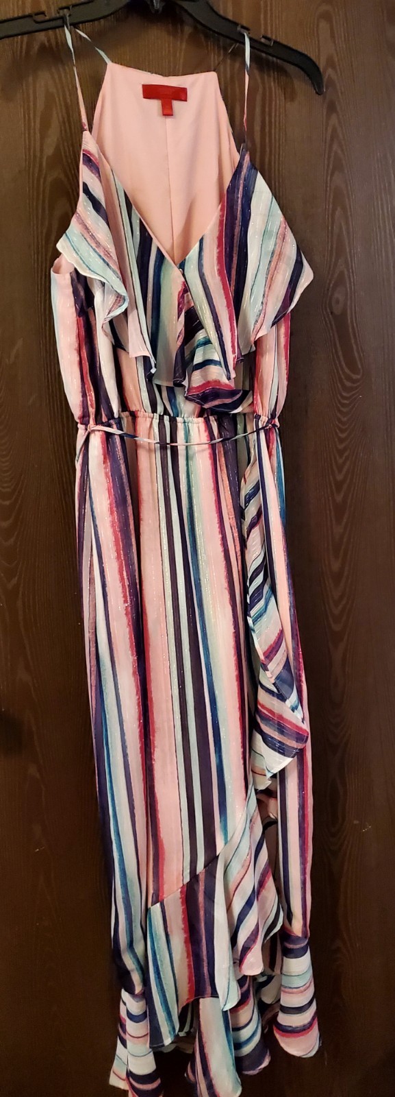 Jennifer Lopez Striped Long Maxi Dress V-Neck, Sleeveless, Tie Waist Pink Blue M