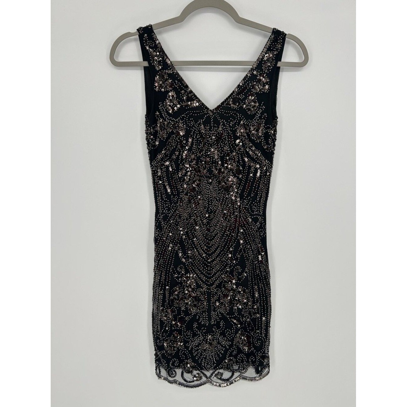 GB XS Black Beaded Sequin Mini Dress Homecoming HOCO Cocktail Party Gatsby Glam