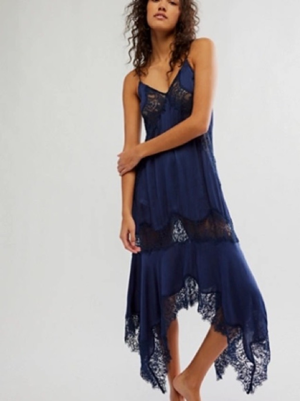 NWT Free People Navy Blue Lace-Trim Slip Maxi Dress – Size XS