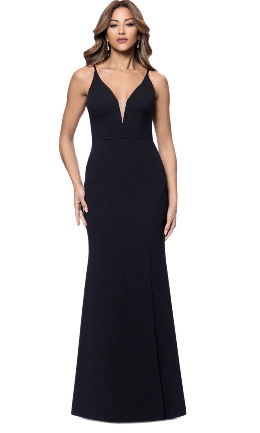Xscape Women’s Plunge-Neck Sleeveless Scuba Gown – Black, Size-6