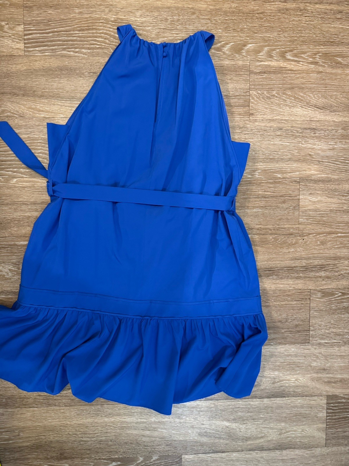 Calvin Klein Blue Halter Sleeveless Belted Ruffle Hem Shift Dress 14