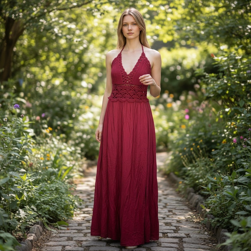 NEW Lilbetter Womens Large Red Crochet Halter Maxi Dress Boho Festival