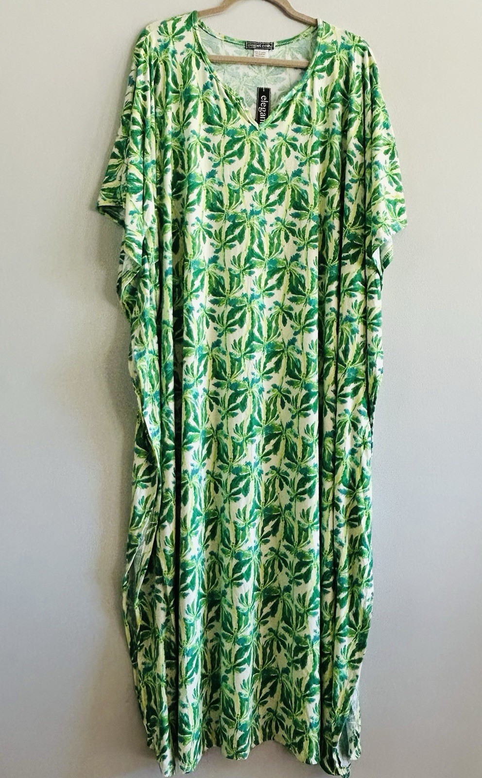 1X/2X/3X New Green White Palm Print Kaftan Knit Beach Cover Dress Nightgown