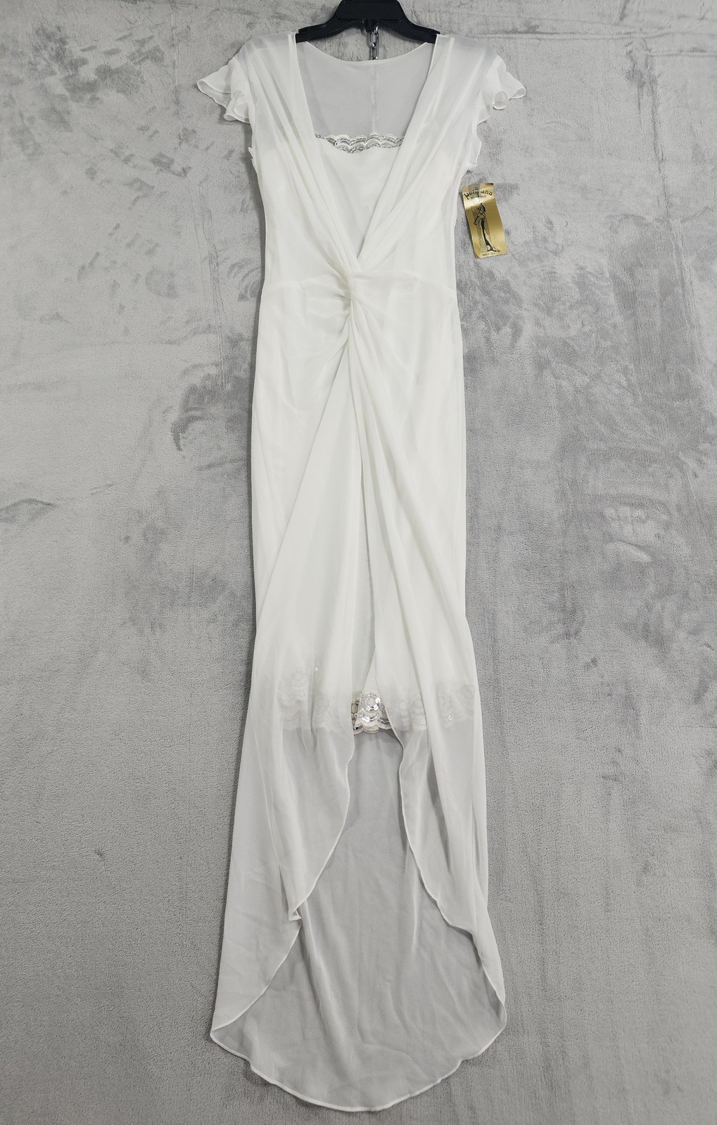 NEW Vintage Pelicana Dress Women L White Sequin Slip Hi-Low Maxi Chiffon Wedding