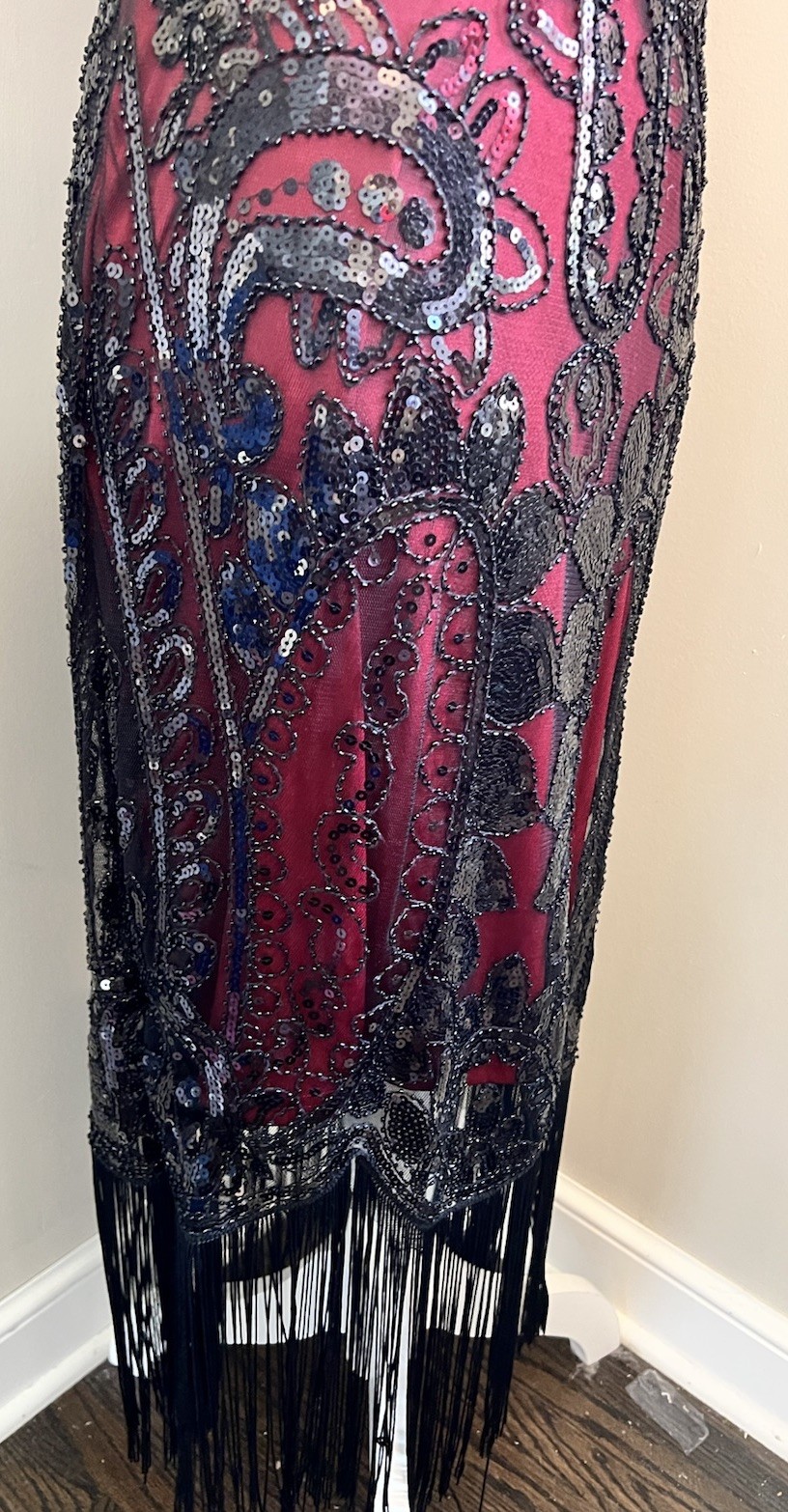 PrettyGuide 1920s Flapper Dress & Headband Set Burgundy Sequin Art Deco Fringe M