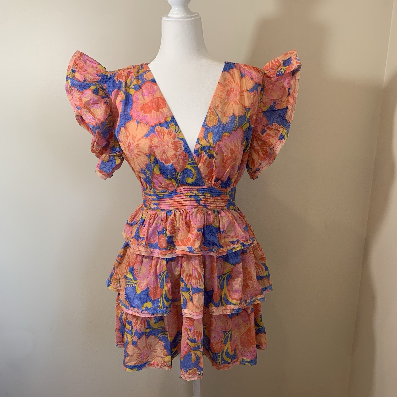 Olivaceous Womens Tiered Mini Dress Medium Bright Tropical Resort Coquette Beach