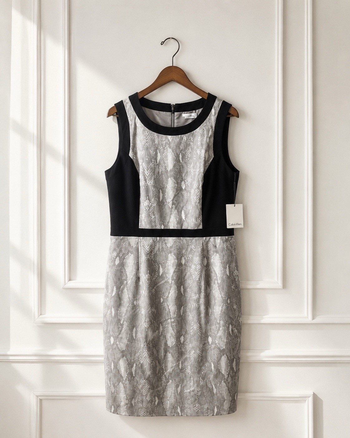 Calvin Klein Dress Womens 12Grey Snakeskin Print Colorblock Sheath Midi NWT