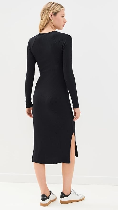 Beyond Yoga Contours Dress M Black Ribbed Modal Midi Long Sleeve USA EUC