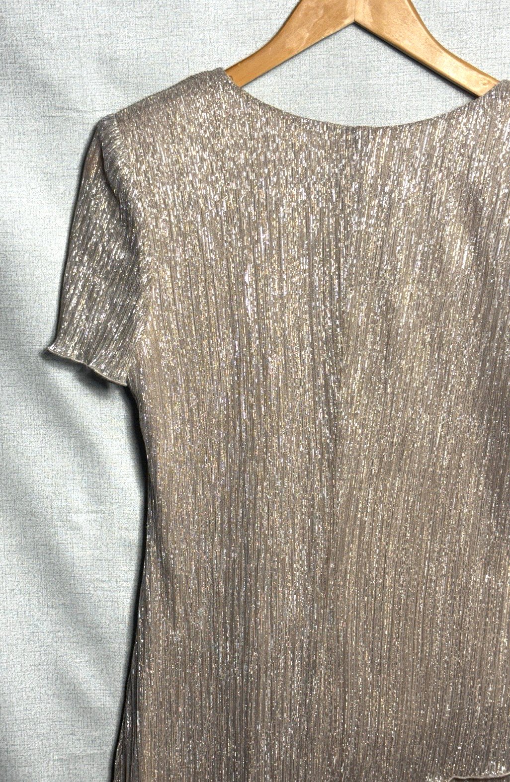 Connected Apparel Metallic Shimmer Overlay Dress Women’s Size 6 Champagne