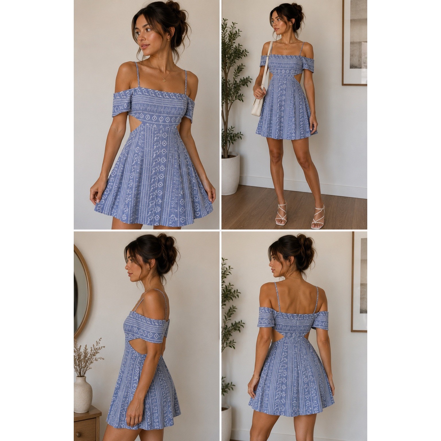 Altar’d State Blue Embroidered Cut Out Mini Dress Cold Shoulder Boho Size M