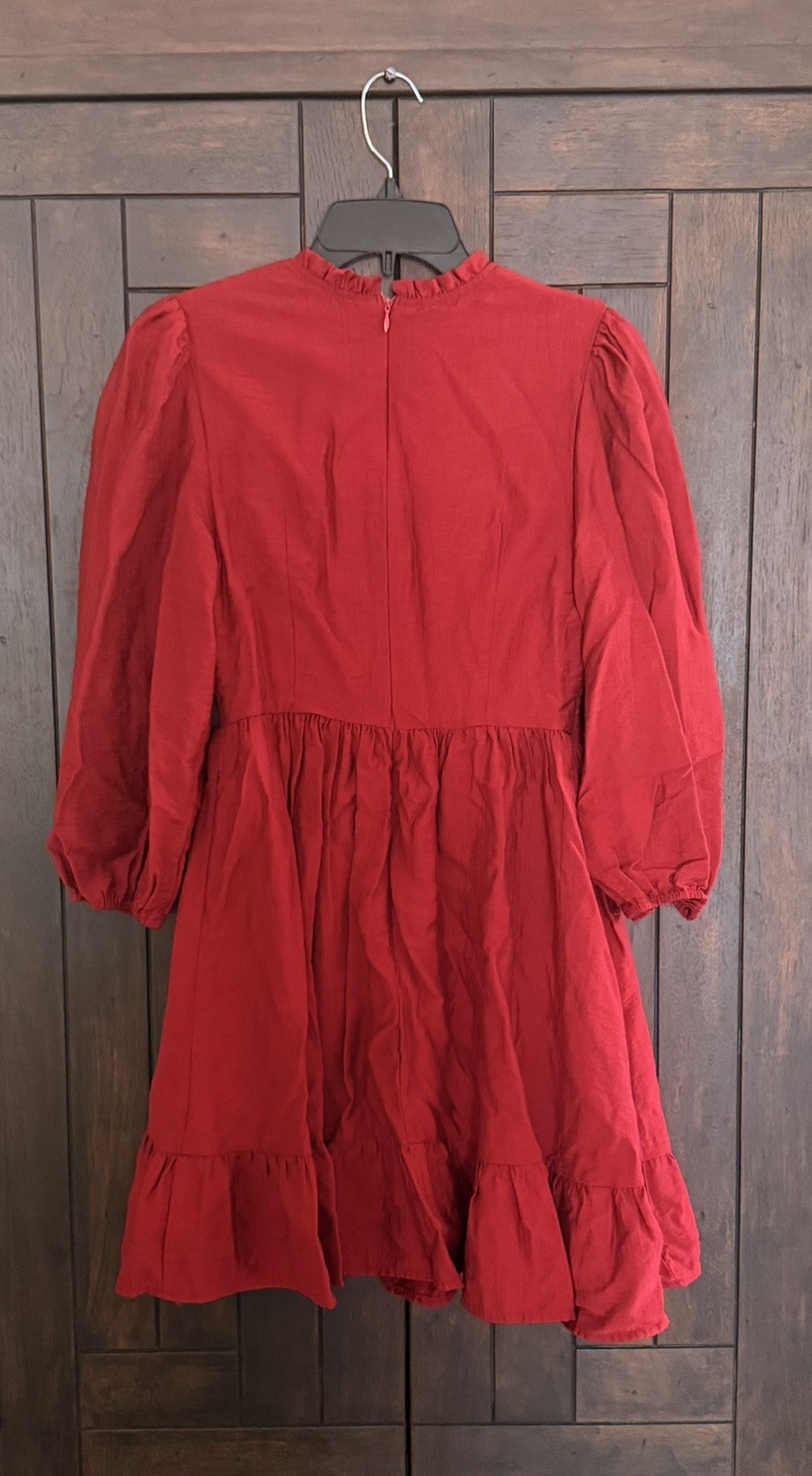Red Smocked High Neck Puff Sleeve A-Line Knee Length Dress M 100% Polyester
