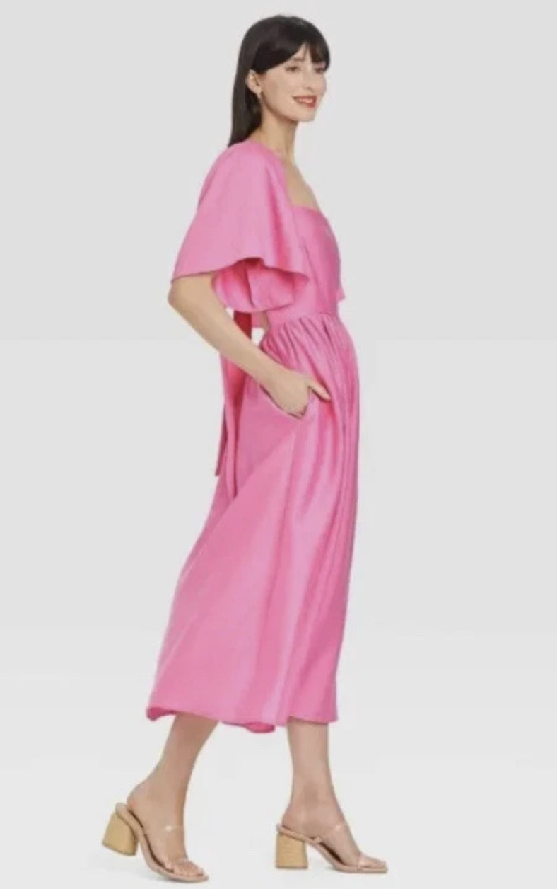 NWT A NEW DAY PINK FLUTTER SHORT SLEEVE TIE BACK MIDI DRESS SZ M