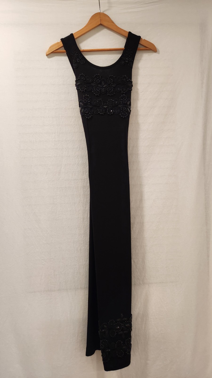 VTG 90s Carole Little Black Beaded Bodycon Wool Blend Dress Criss Cross Back (P)