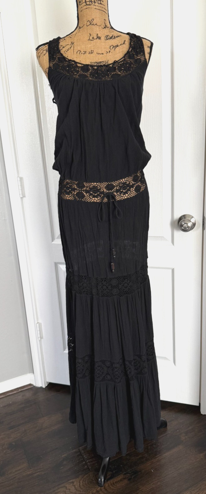 MiJo Michelle Jonas Maxi Dress Gauze Tiered Sheer Crochet Boho Hippie SEXY M