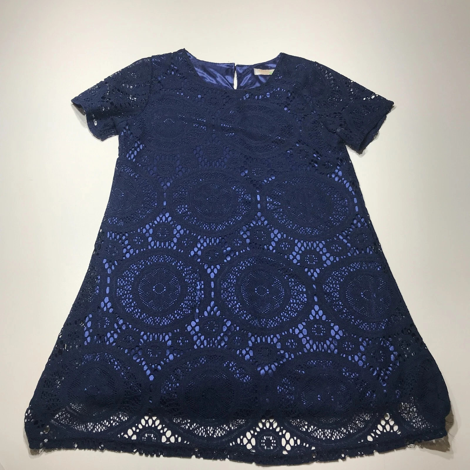 Style Sheath Dress Womens Size Large Blue Mandala Lace Short Sleeve Loose Lined