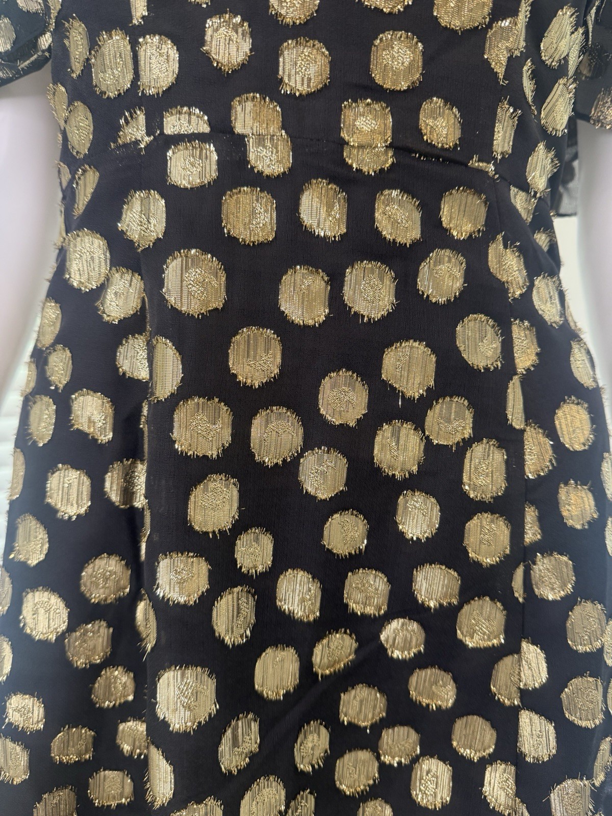 For Love & Lemons Lottie Ruffle Off the Shoulder Mini Dress in Gold Dot Size S