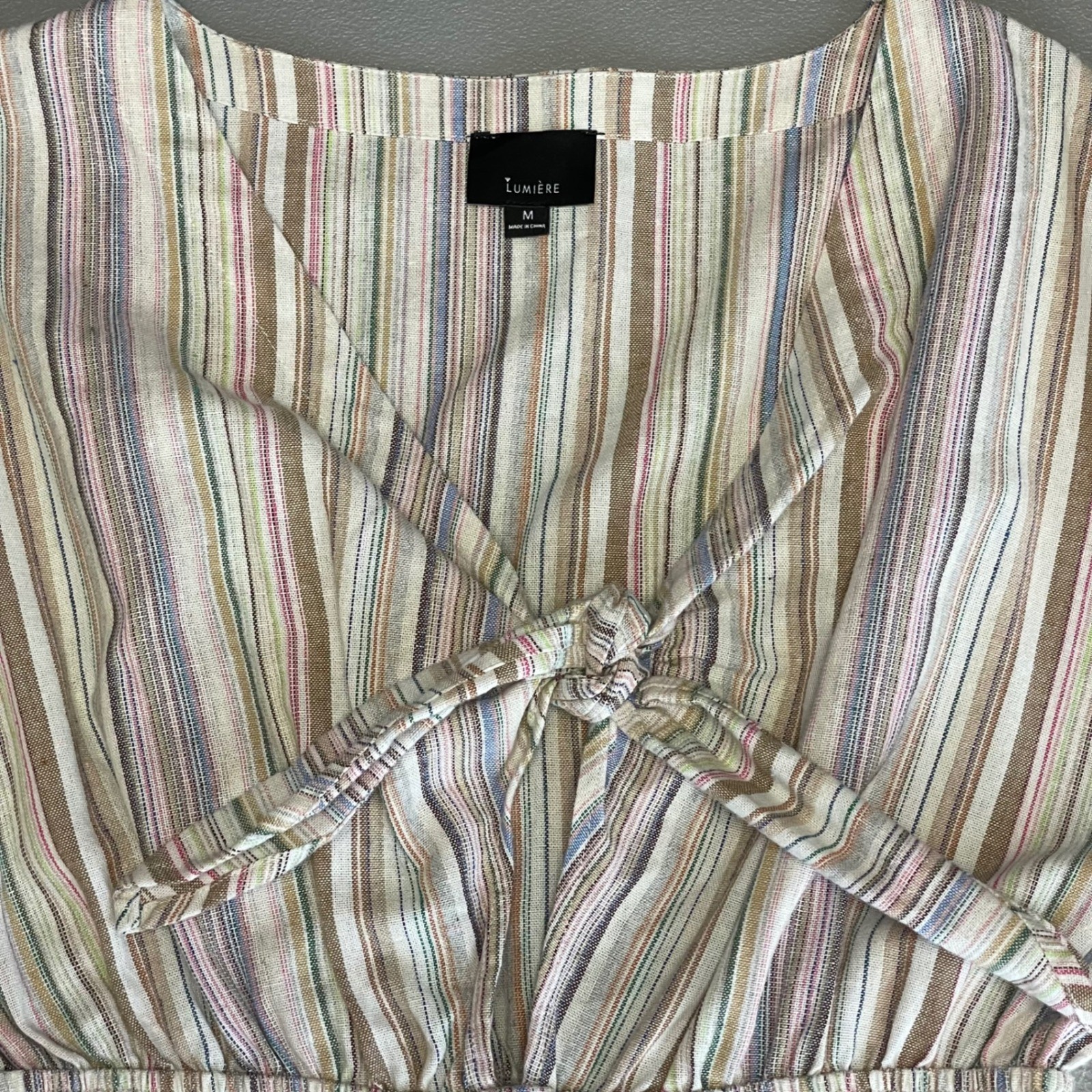 LUMIERE Striped Tie Front Midi Dress Women’s Size M Linen Cotton Blend