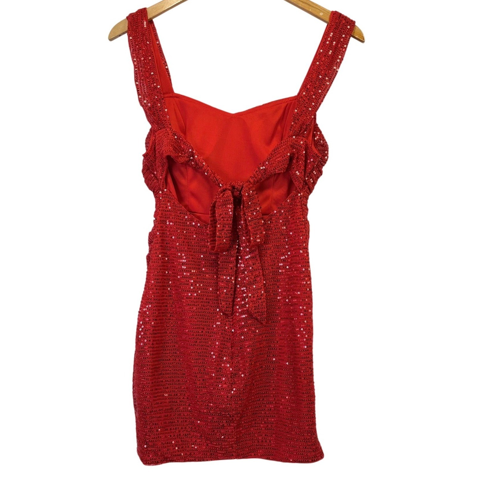 Wedding Dress Red Sequin Mini Dress Women Size 4 Ruched Cutout Back Tie Party