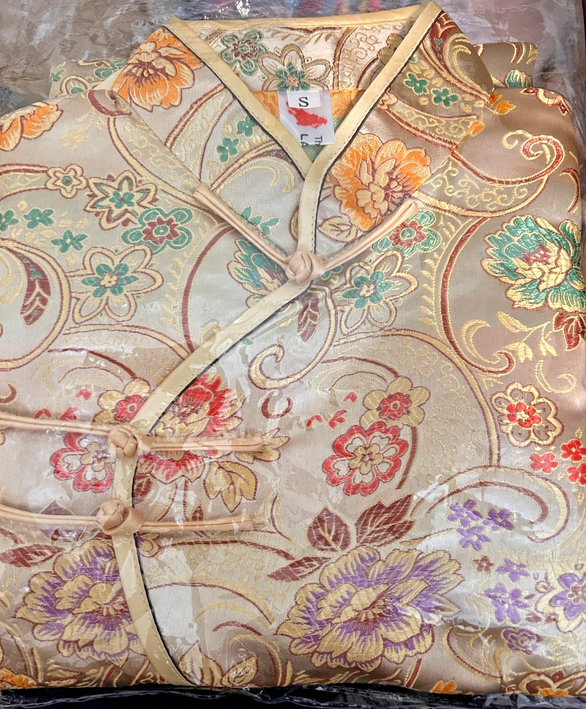 Elegant Gold Satin Floral Embroidered Long Dress Qipao Cheongsam Gown Women XS S