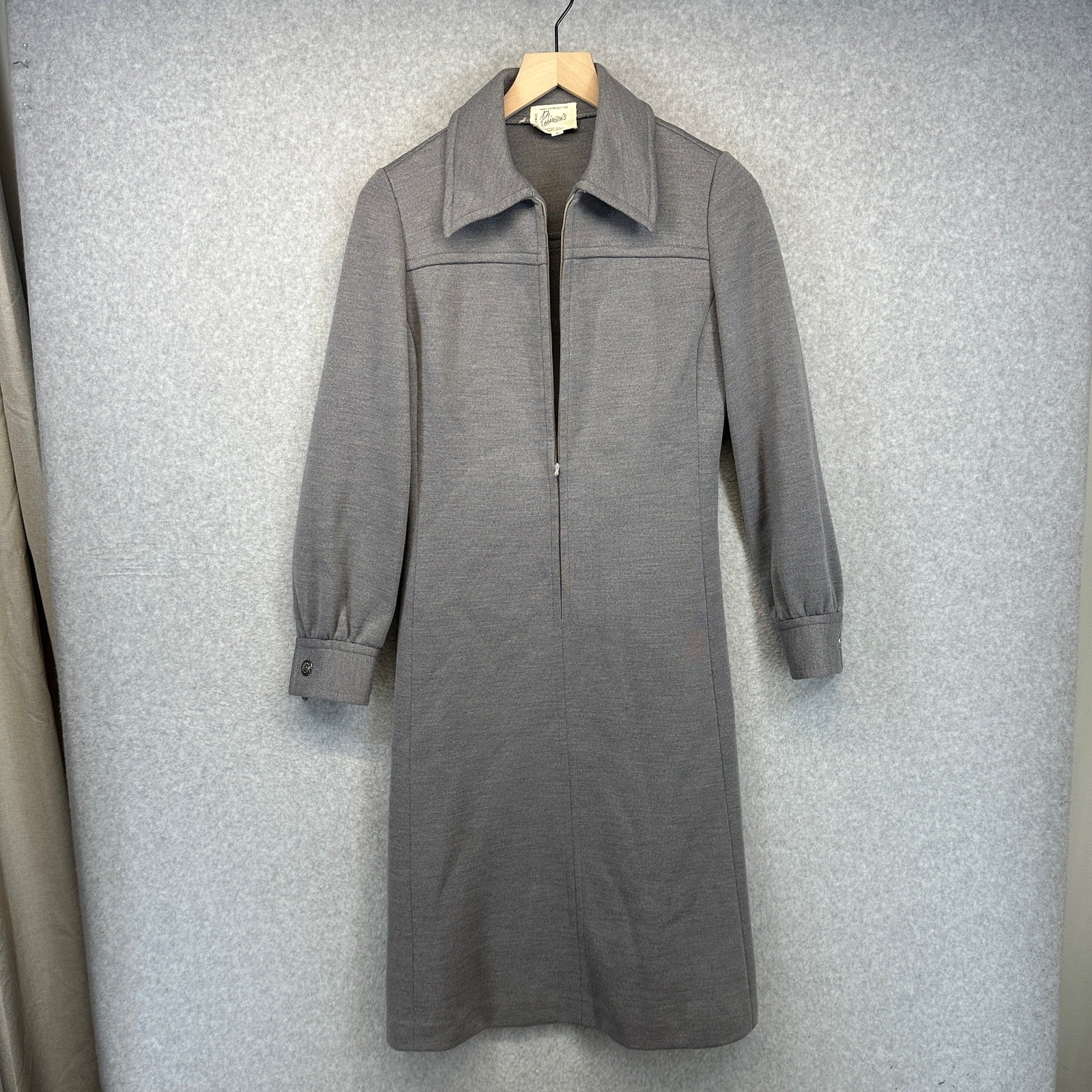 Vintage Robinsons Dress Womens Size 8 Gray 100% Wool Midi Half Zip Collared
