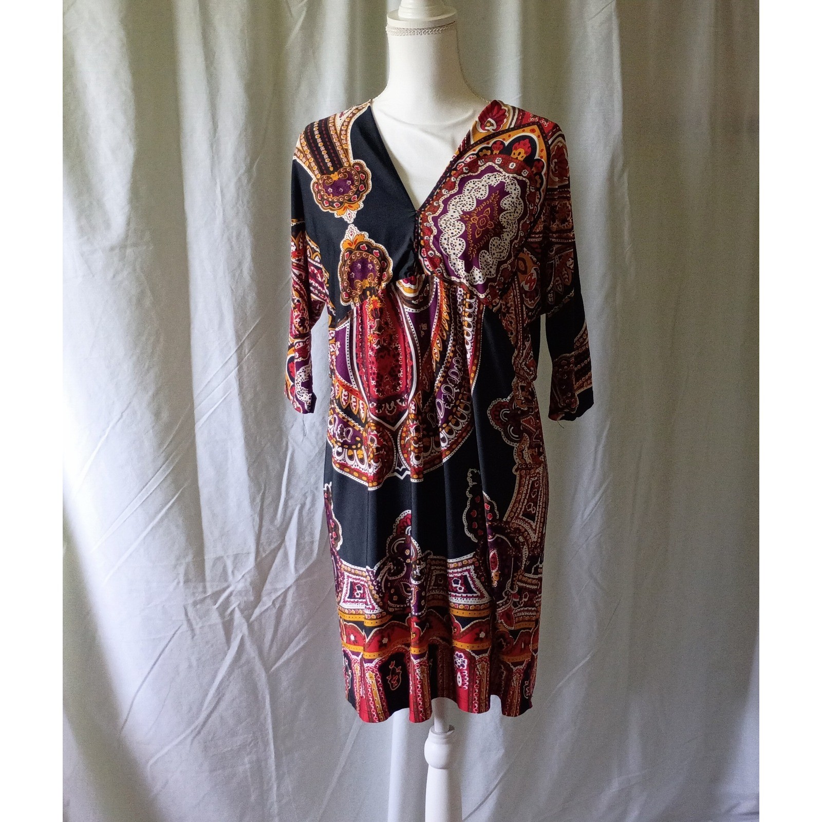 Cristinalove Paisley V-Neck Sheath Dress Black Burgundy Orange 3/4 Sleeve Boho L